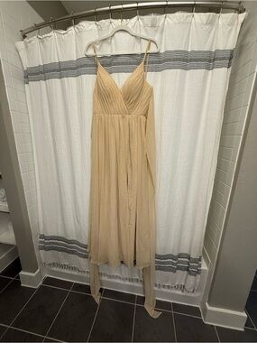 Azazie Beige Chiffon V-Neck Spaghetti Strap Dress